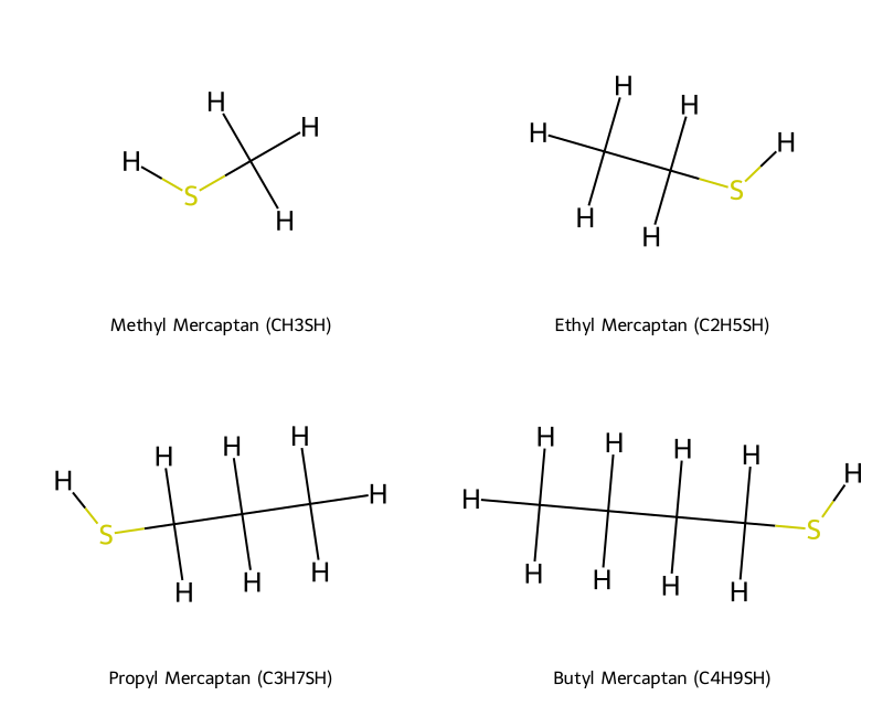 Molecular diagrams comparing methyl, ethyl, propyl, and butyl mercaptan structures